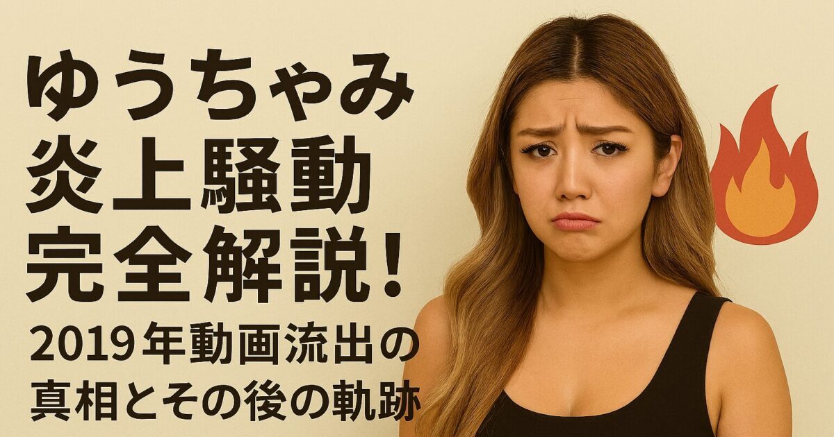 ゆうちゃみ炎上騒動完全解説と大きく書かれた見出しと、困った表情の女性モデルを右側に配置したアイキャッチ画像。2019年動画流出の真相とその後の軌跡を紹介する記事用。