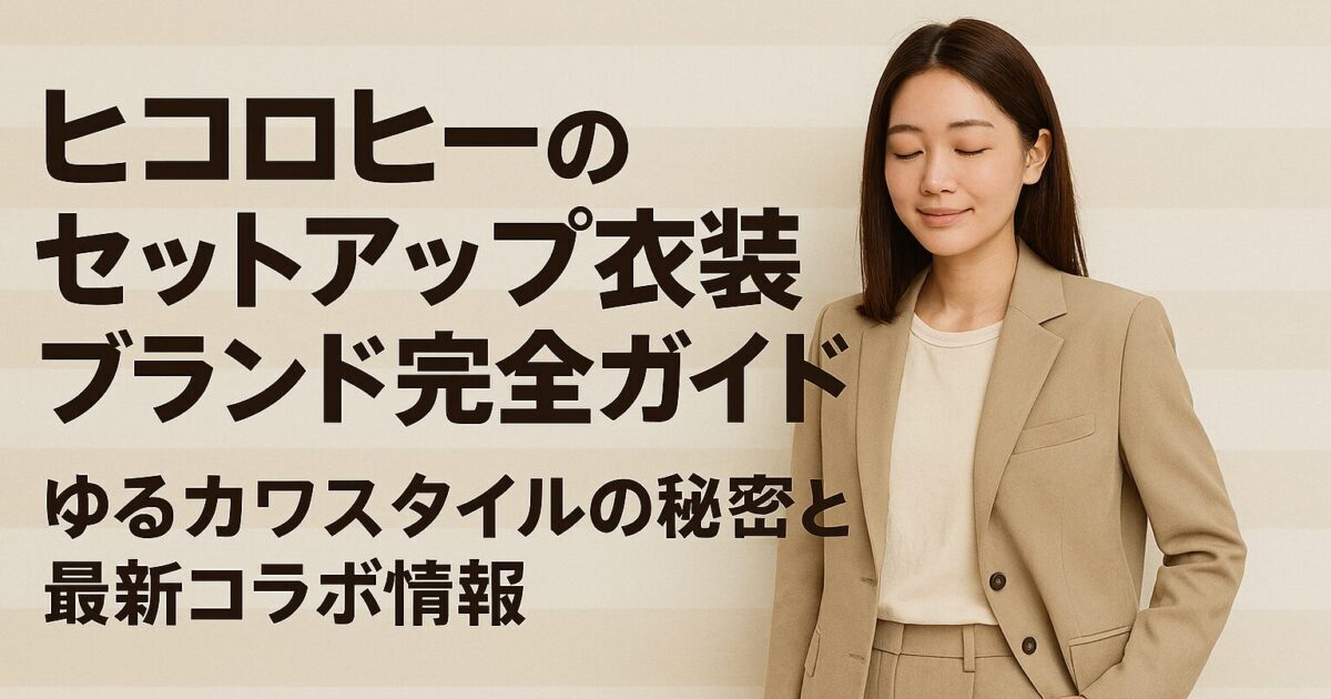 ベージュのセットアップを着た女性の全身を左側にテキストとともに配置したアイキャッチ画像。ヒコロヒーのセットアップ衣装ブランド完全ガイドと最新コラボ情報を紹介する記事用。