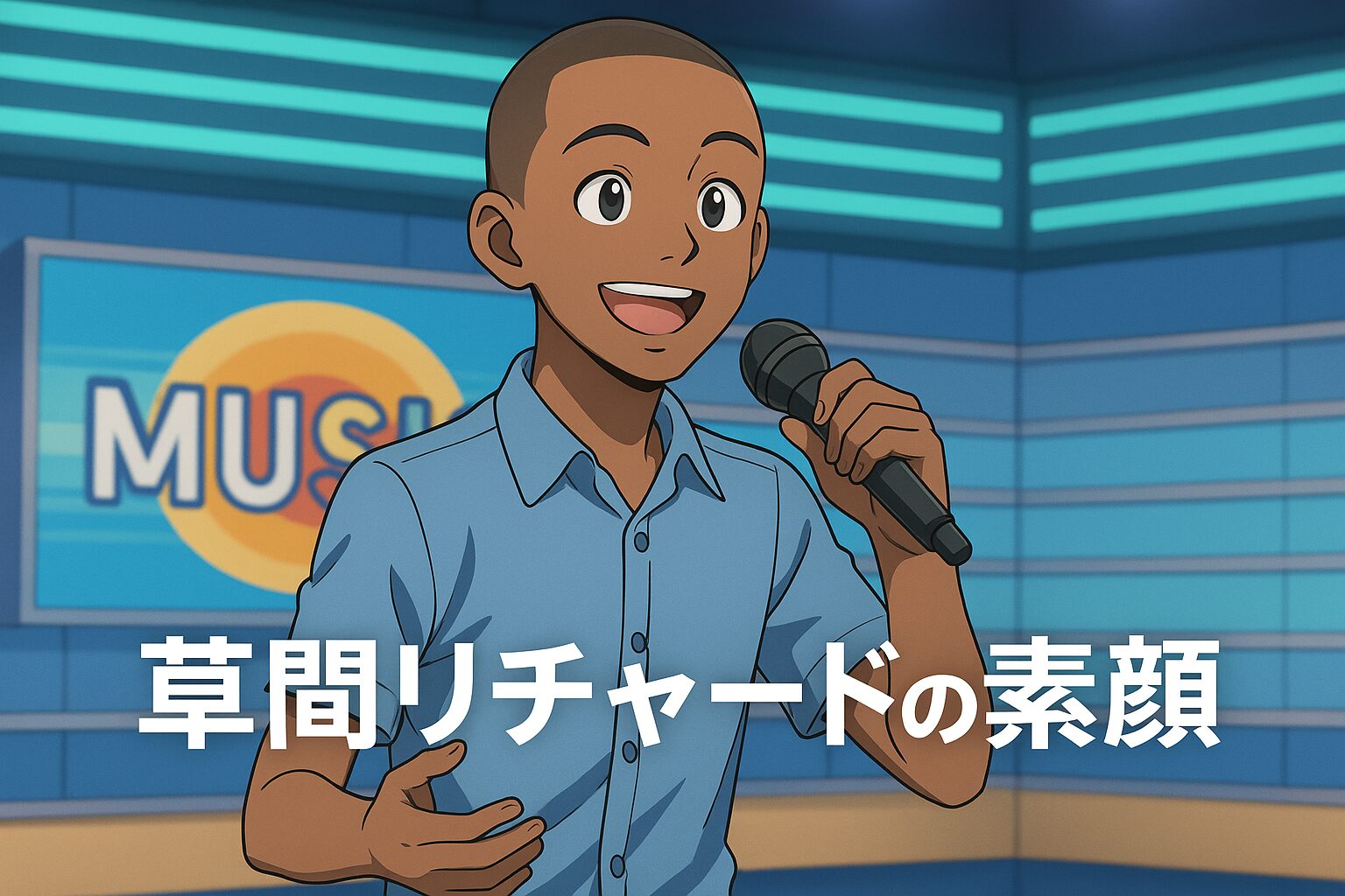 テージで笑顔で歌う草間リチャードをイメージしたアニメ風イラスト