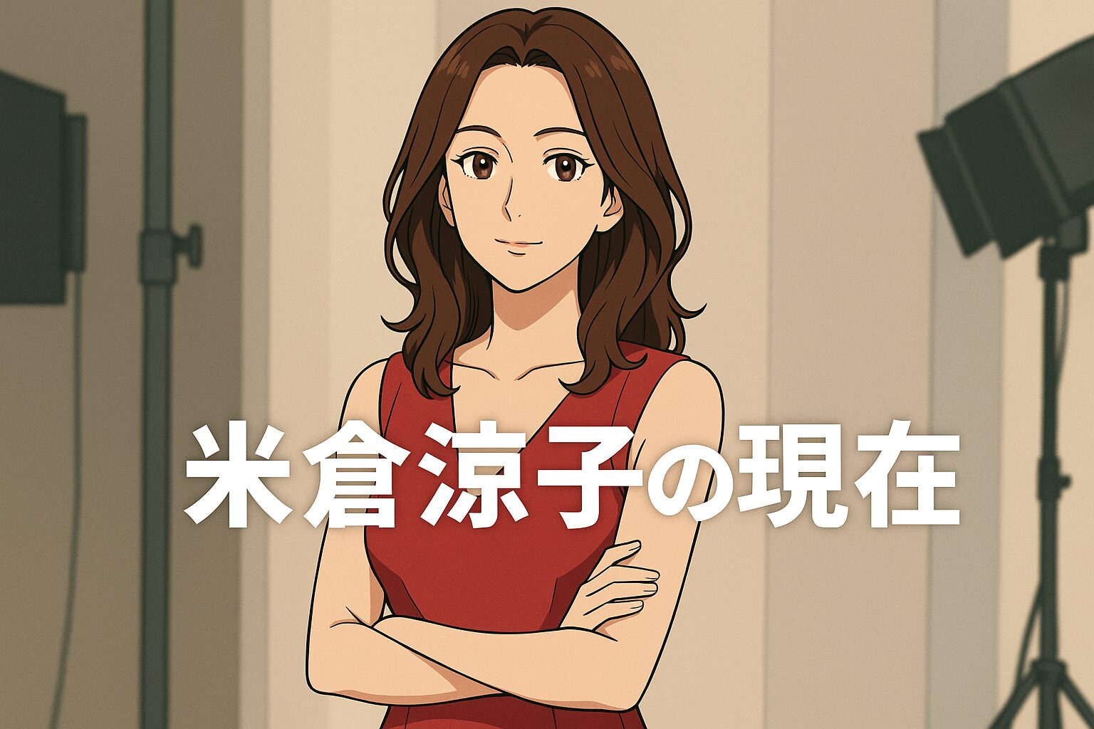 赤いドレスの女性がスタジオで微笑むアニメ調イラスト。「米倉涼子の現在」という文字入り。