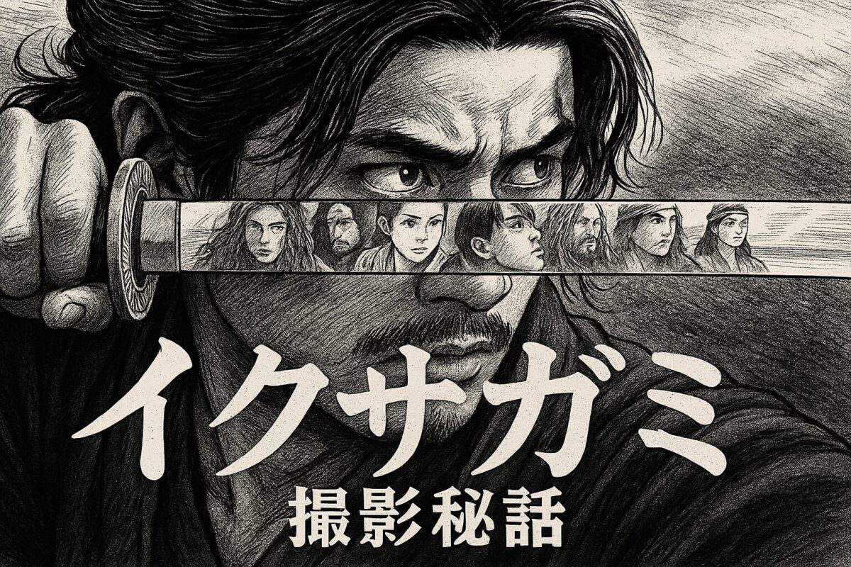 漫画調で描かれた侍が刀を構え、刃に仲間たちの姿が映り込むイラスト。タイトル「イクサガミ 撮影秘話」が配置された記事用アイキャッチ画像